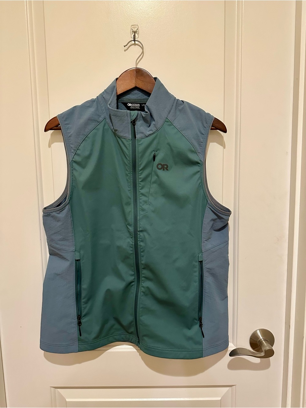Outdoor Research two-tone teal softshell vest